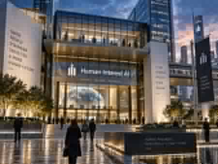 Headquarters of Human-Interest AI, a monumental glass-and-stone complex displaying slogans about safety, progress, and a more human future.